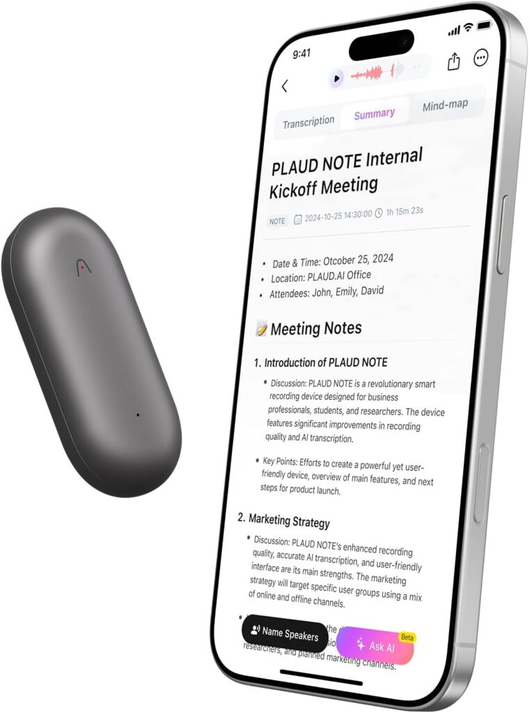 AI Voice Recorder, PLAUD NotePin Voice Recorder, App Control, AI Notetaker, AI Transcribe  Summarize Support 112 Languages, 64GB Memory, Audio Recorder for Lectures, Meetings, Gray