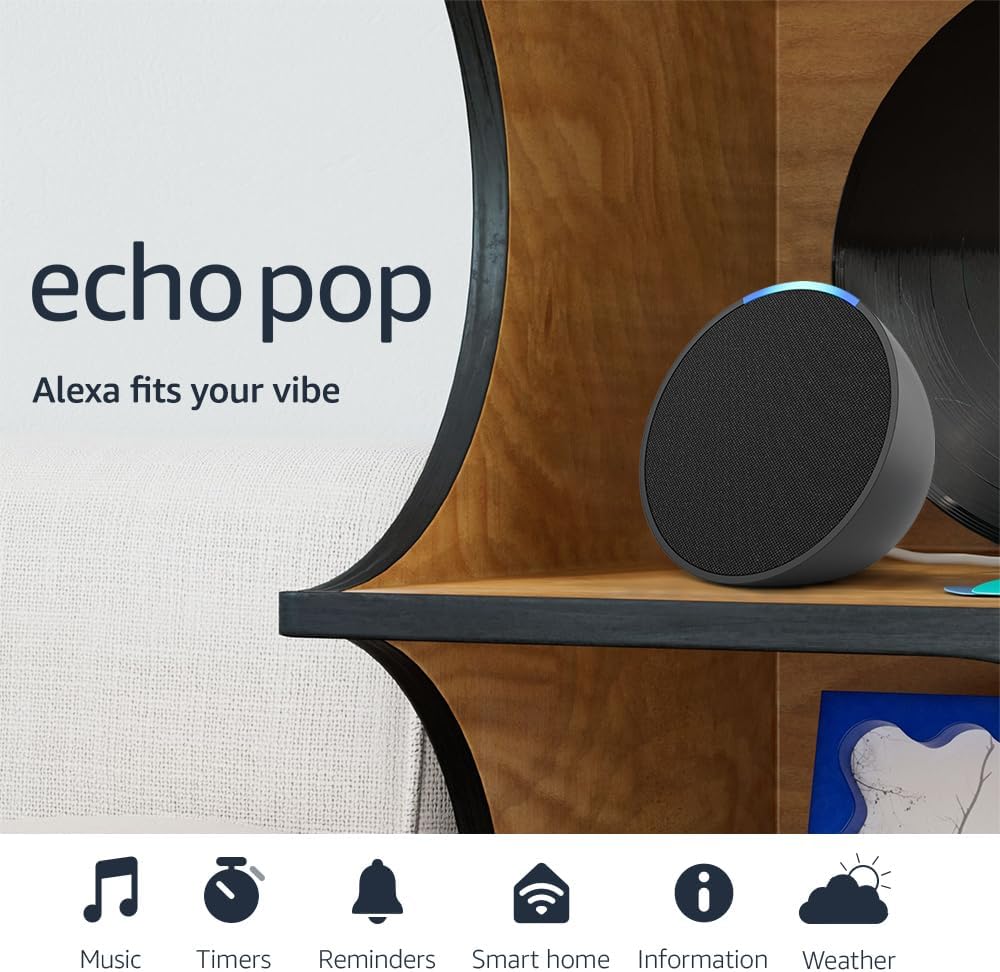 Amazon Echo Pop (newest model), Full sound compact smart speaker with Alexa, Charcoal Amazon Echo Pop (newest model), Full sound compact smart speaker with Alexa, Charcoal