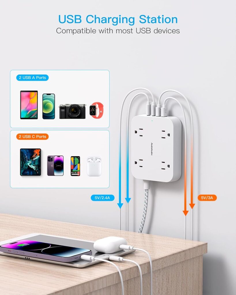 Flat Plug Extension Cord, 5ft Power Strip with 4 USB Ports(2 USB C), 4 Widely Outlets Extender, Wall Mount, Desk Charging Station for Office, School, Travel and Dorm Room Essentials, ETL Listed Flat Plug Extension Cord, 5ft Power Strip with 4 USB Ports(2 USB C), 4 Widely Outlets Extender, Wall Mount, Desk Charging Station for Office, School, Travel and Dorm Room Essentials, ETL Listed