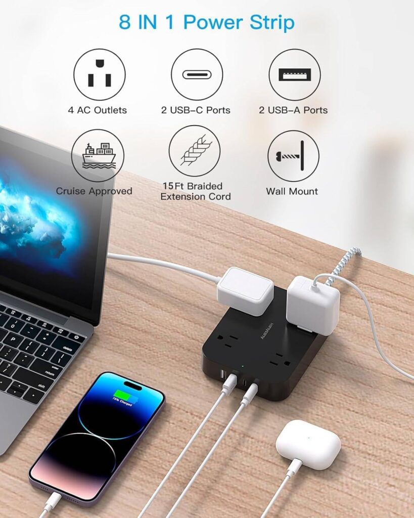 Flat Plug Extension Cord, 5ft Power Strip with 4 USB Ports(2 USB C), 4 Widely Outlets Extender, Wall Mount, Desk Charging Station for Office, School, Travel and Dorm Room Essentials, ETL Listed Flat Plug Extension Cord, 5ft Power Strip with 4 USB Ports(2 USB C), 4 Widely Outlets Extender, Wall Mount, Desk Charging Station for Office, School, Travel and Dorm Room Essentials, ETL Listed