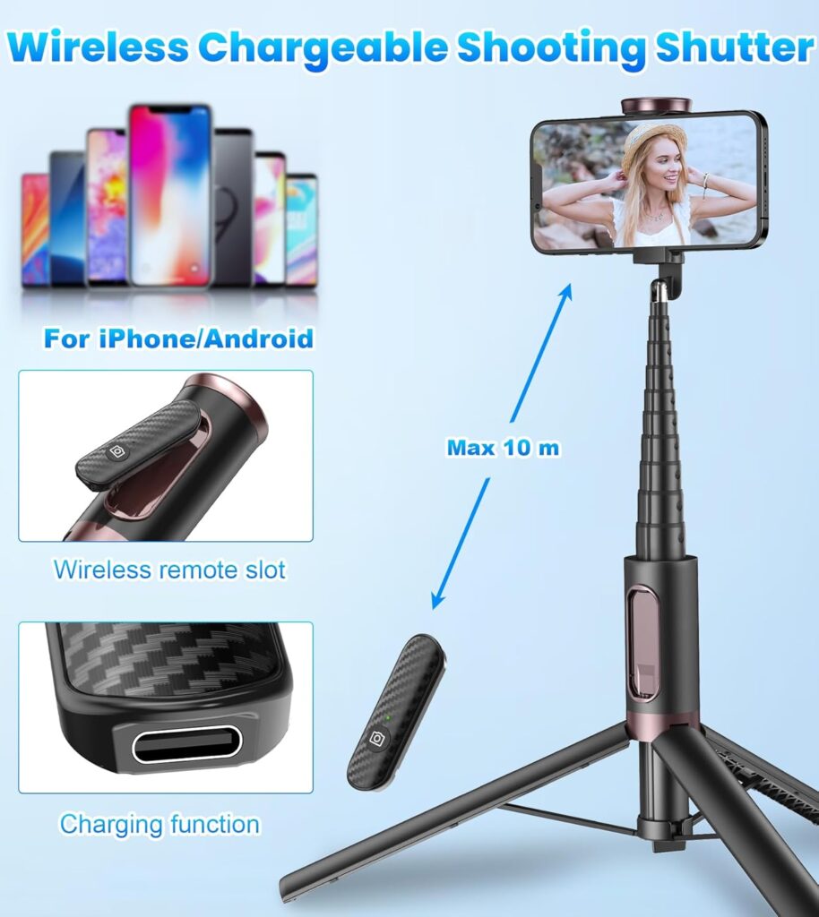 TONEOF 67 Cell Phone Selfie Stick Tripod,Smartphone Tripod Stand All-in-1 with Integrated Wireless Remote,Portable,Lightweight,Extendable Phone Tripod for iPhone/Android(Black)