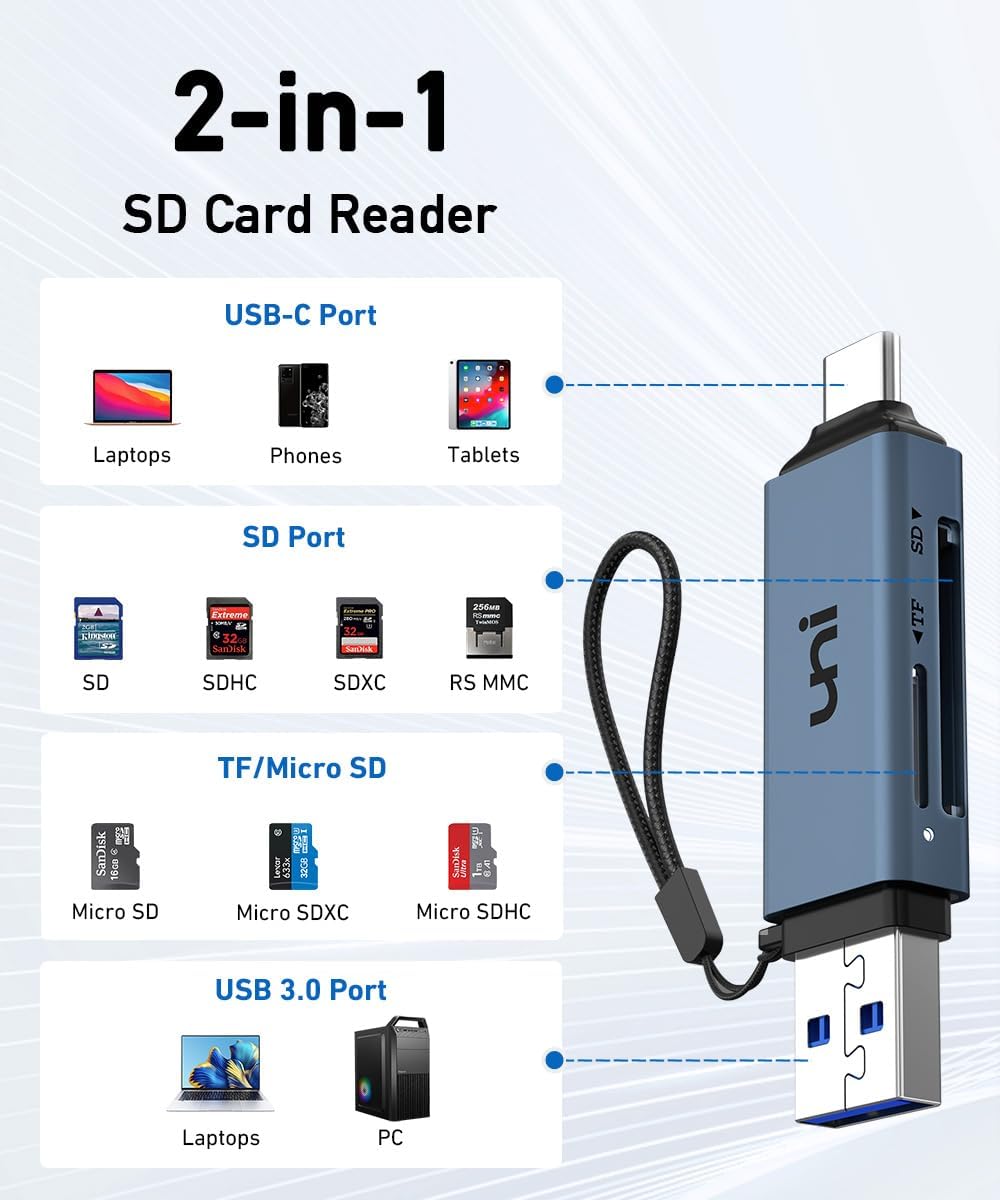 uni SD Card Reader, High-Speed USB C to Micro SD Card Adapter USB 3.0 Dual Slots, Memory Card Reader for SD/Micro SD/SDHC/SDXC/MMC, Compatible with MacBook Pro/Air, Chromebook, Android Galaxy uni SD Card Reader, High-Speed USB C to Micro SD Card Adapter USB 3.0 Dual Slots, Memory Card Reader for SD/Micro SD/SDHC/SDXC/MMC, Compatible with MacBook Pro/Air, Chromebook, Android Galaxy